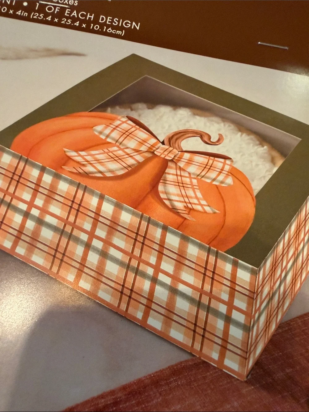Autumn Pumpkin pie Boxes Orange Plaid & Pumpkin Pattern 10” x 10” x 4” NEW
